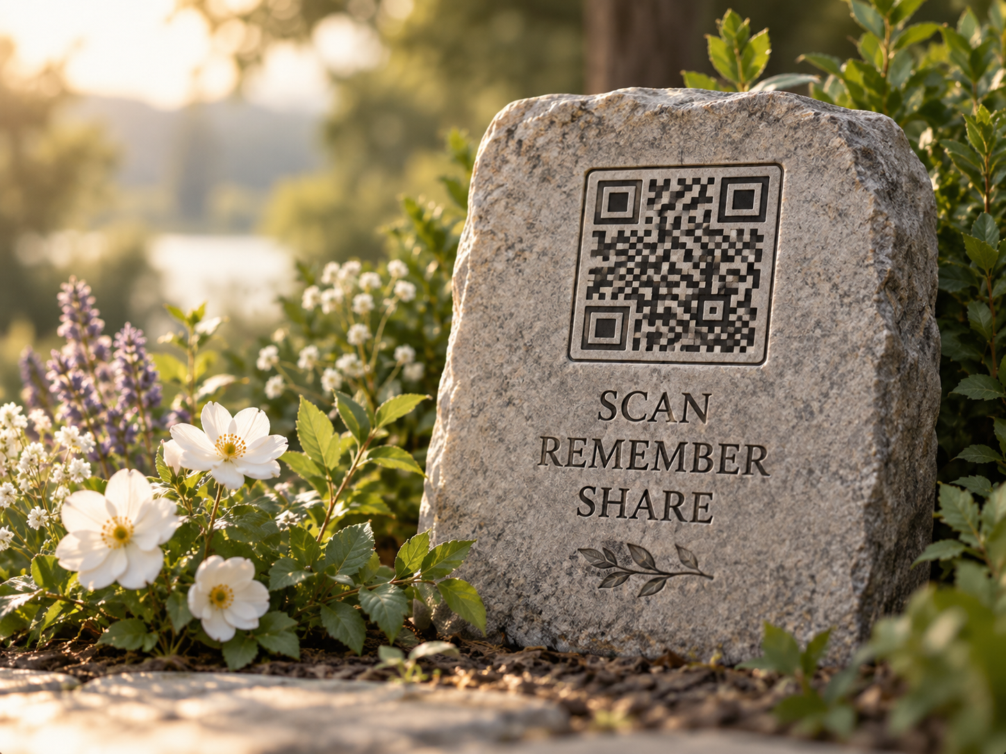 QR memorial plaque and flowers